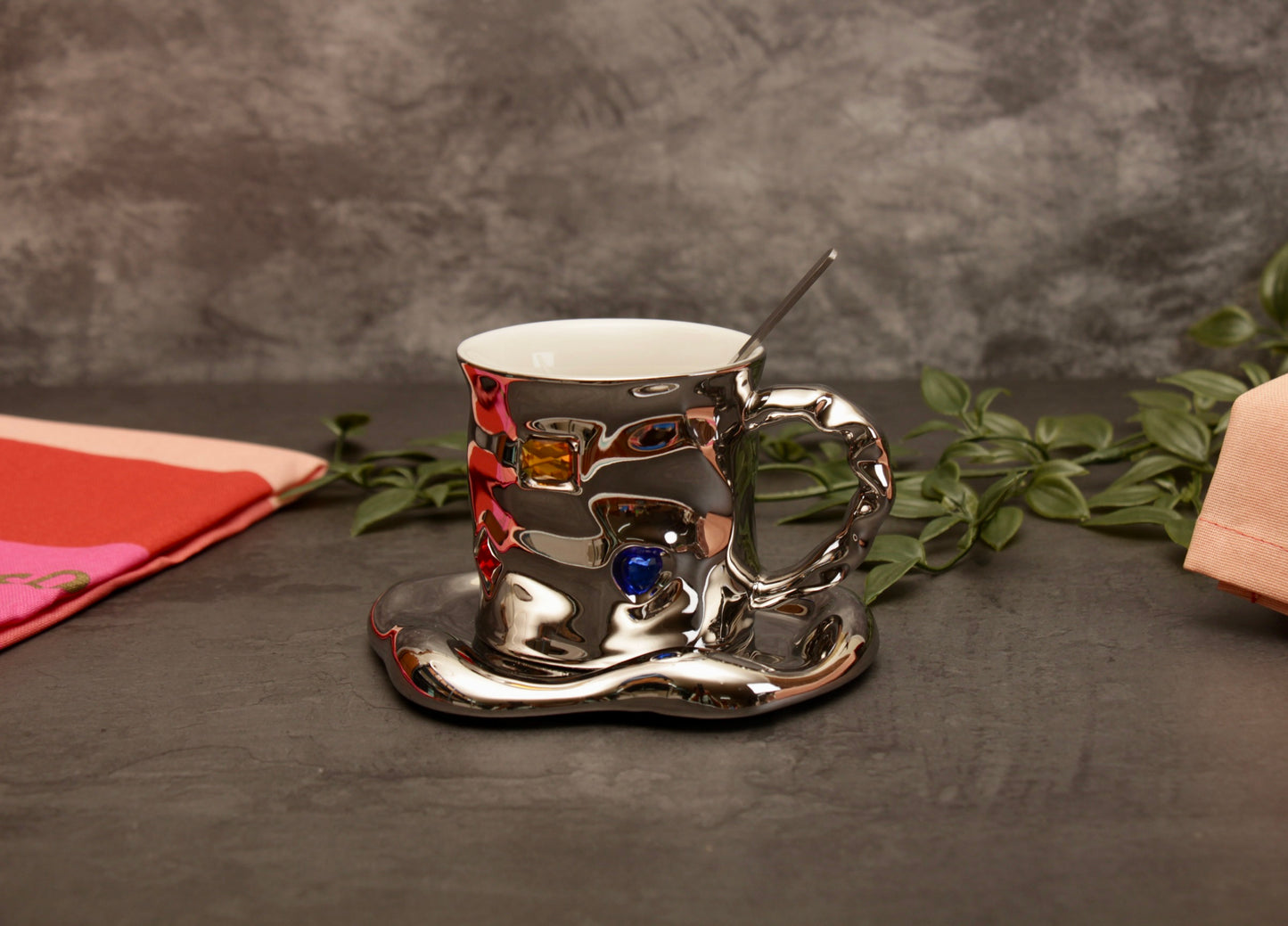 'Crystal' Ceramic Bejewelled Cup n Saucer Set - Black