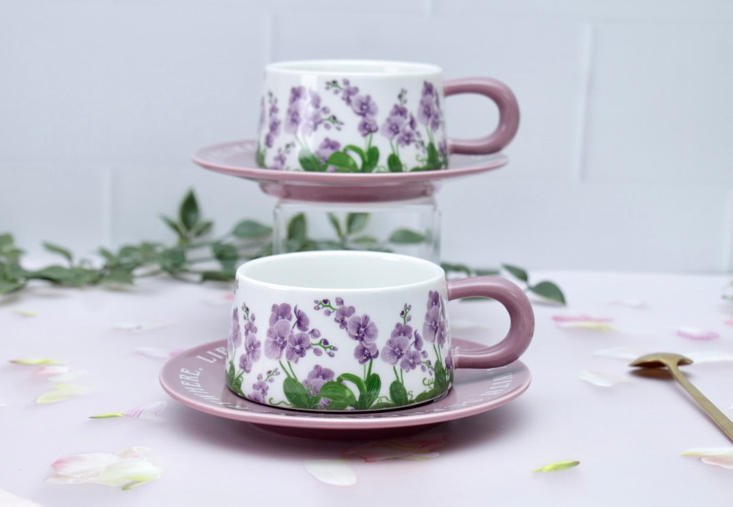 'Purple Meadows' Ceramic Cup & Saucer, Set Of 1