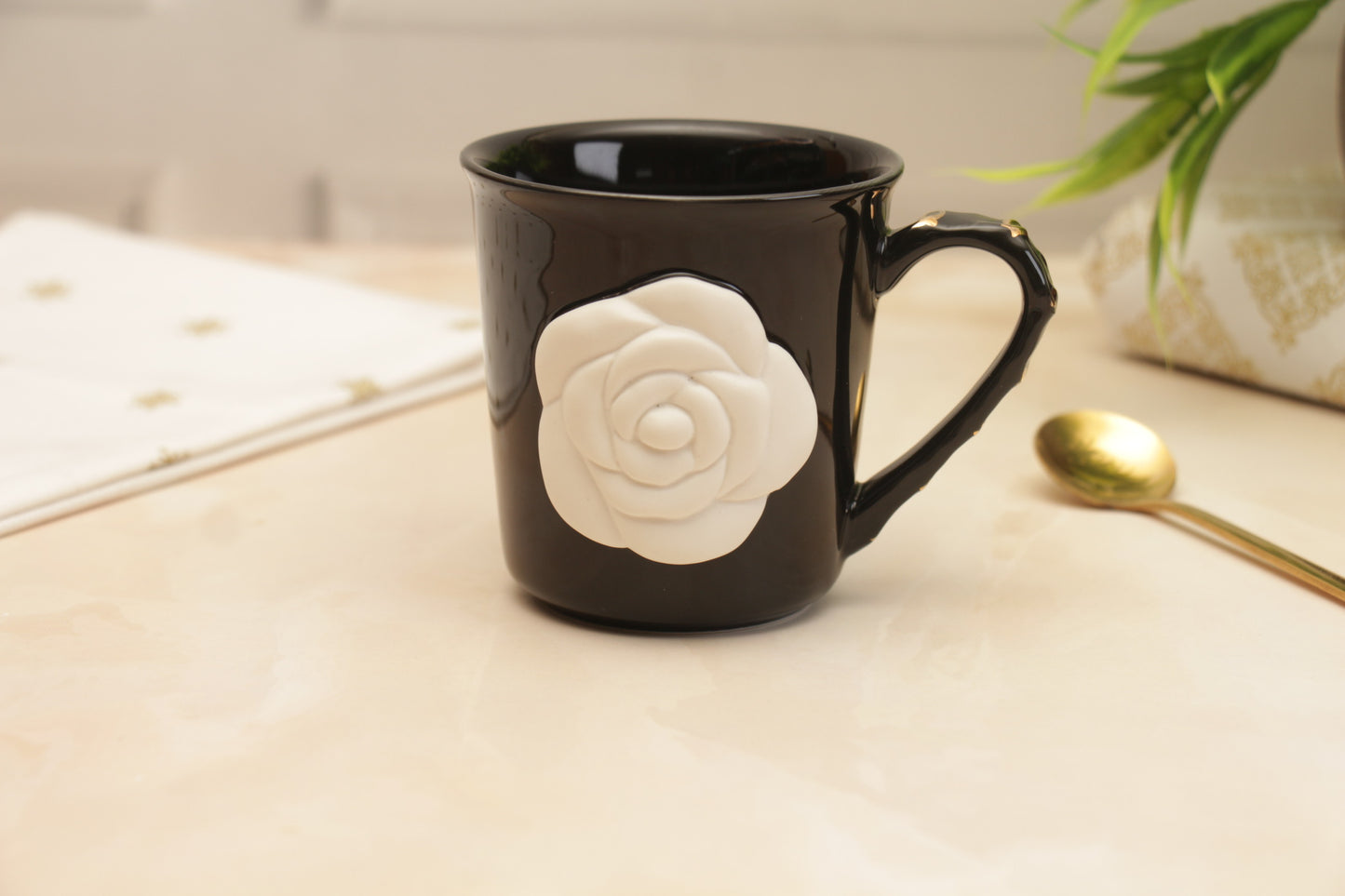 'Chloe' Rose Embossed Coffee Mug - Black