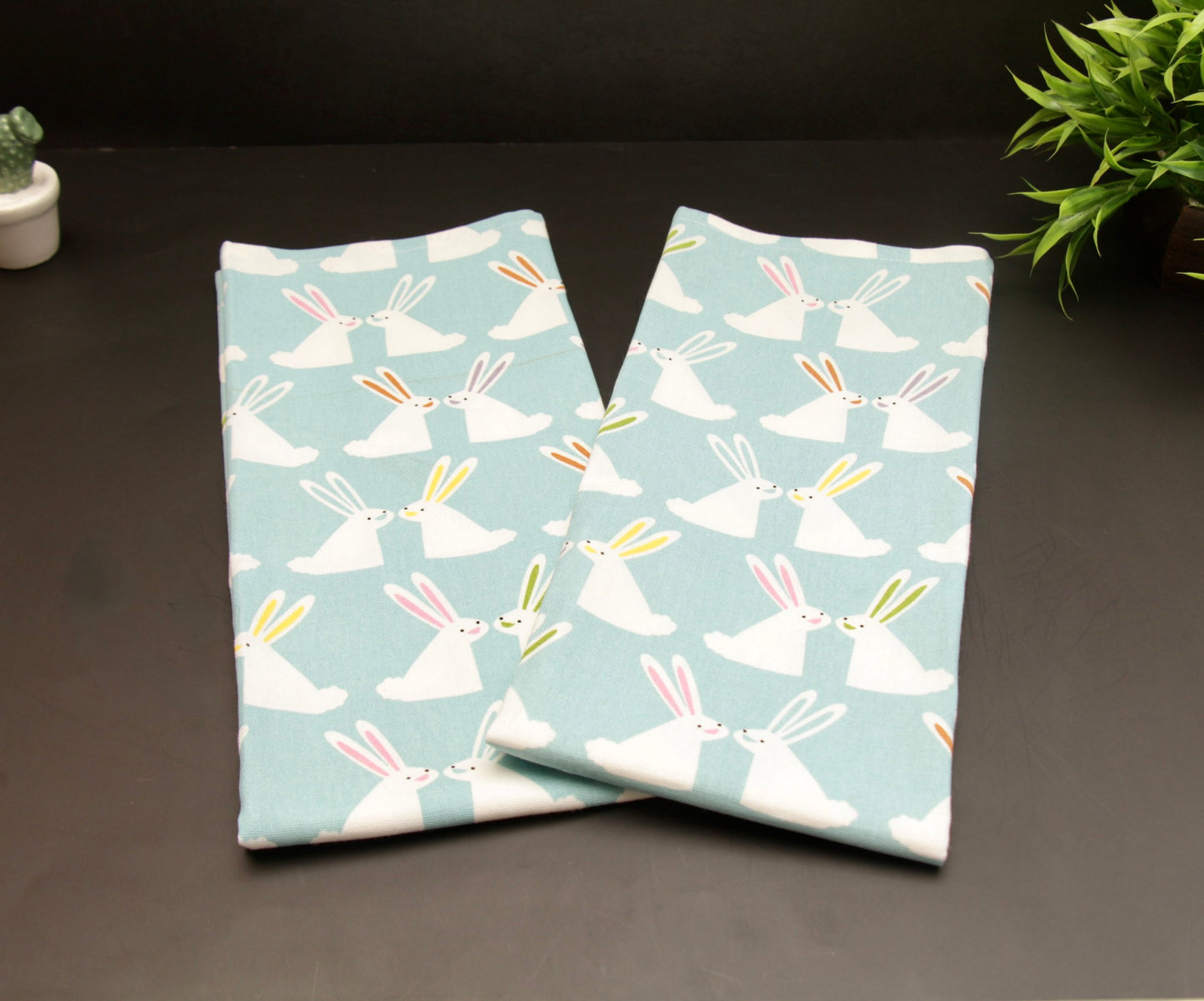 'Bunny' Blue Printed Kitchen Towels, Set of 2