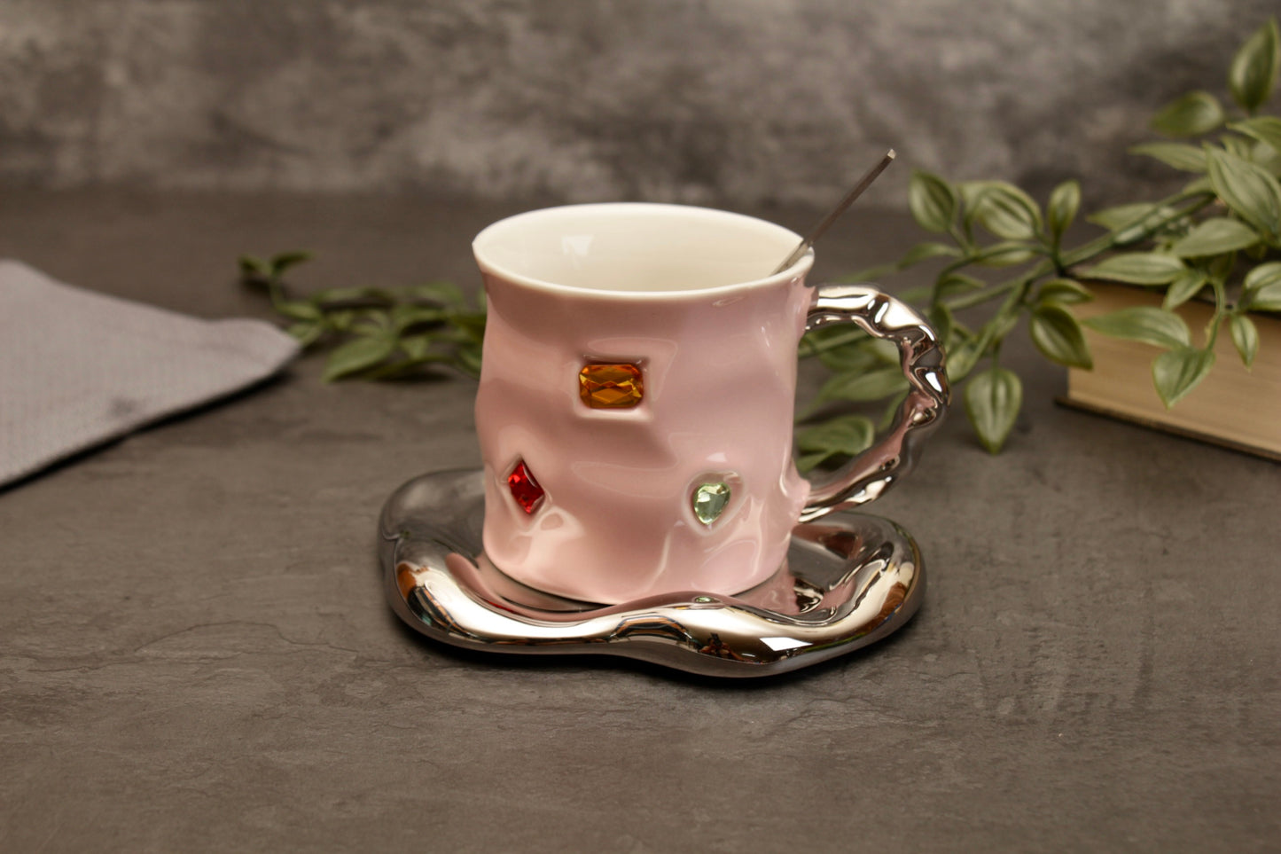 'Crystal' Ceramic Bejewelled Cup n saucer Set - Pink