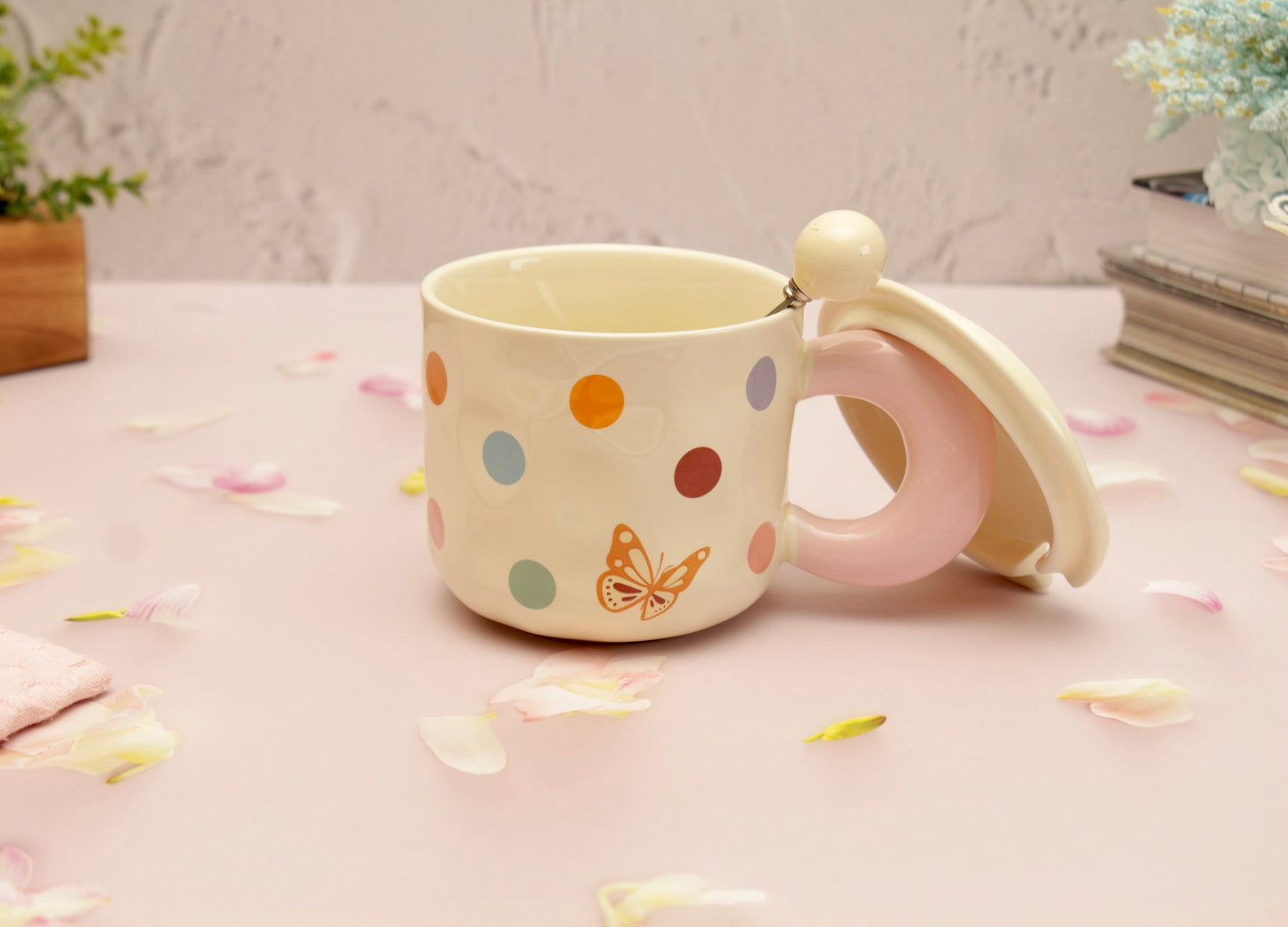 'Polka Dots' Ceramic Coffee Mugs - Beige