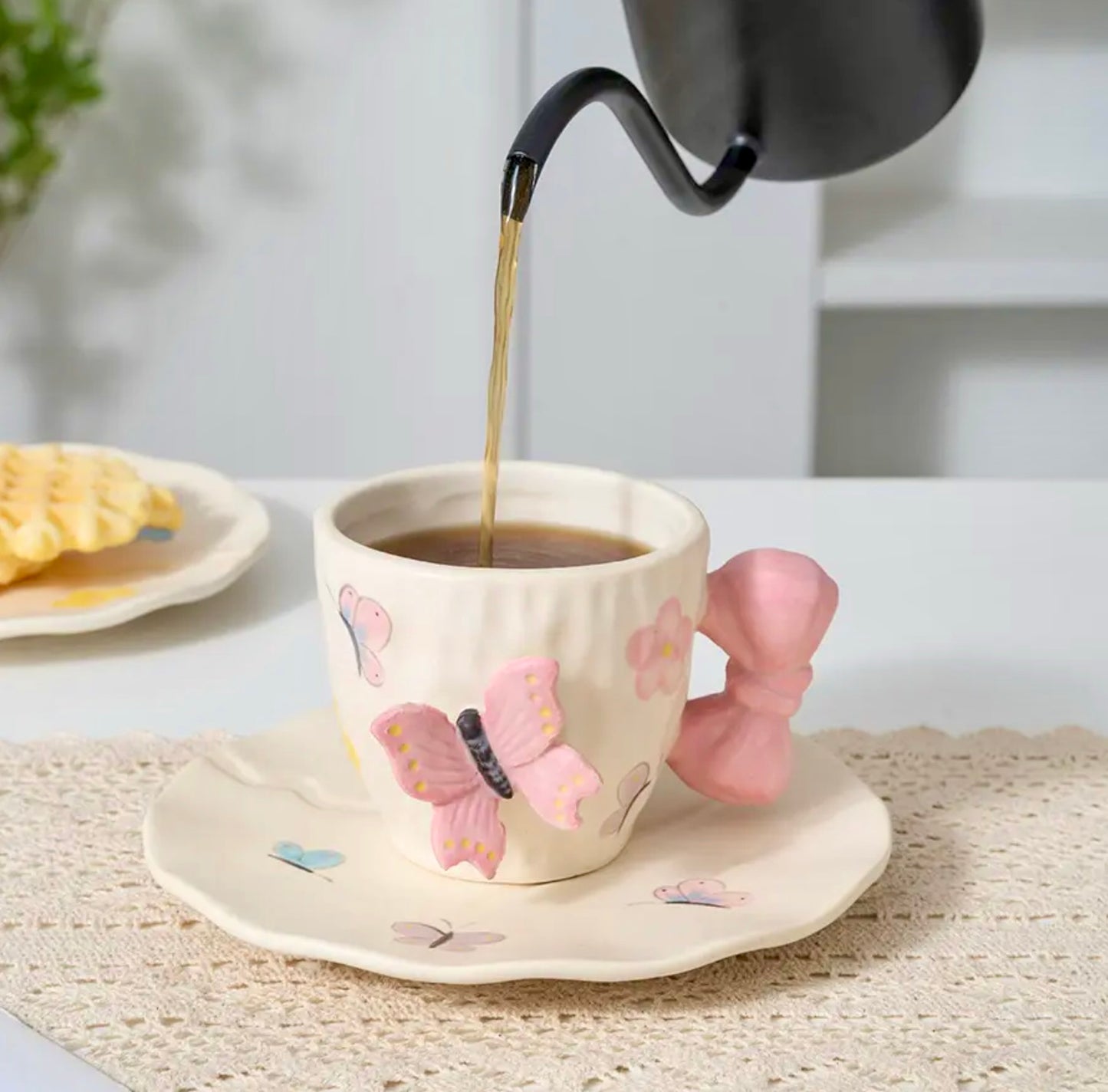 'Pink Butterfly' Ceramic Cup & Saucer, Set Of 1