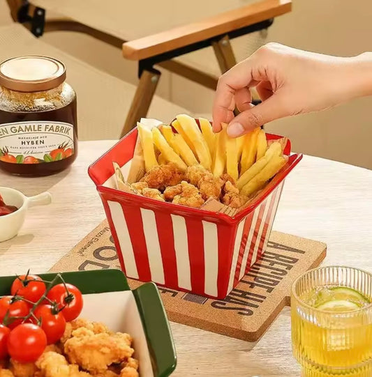Red Striped Ceramic Popcorn Bowl, 400ml