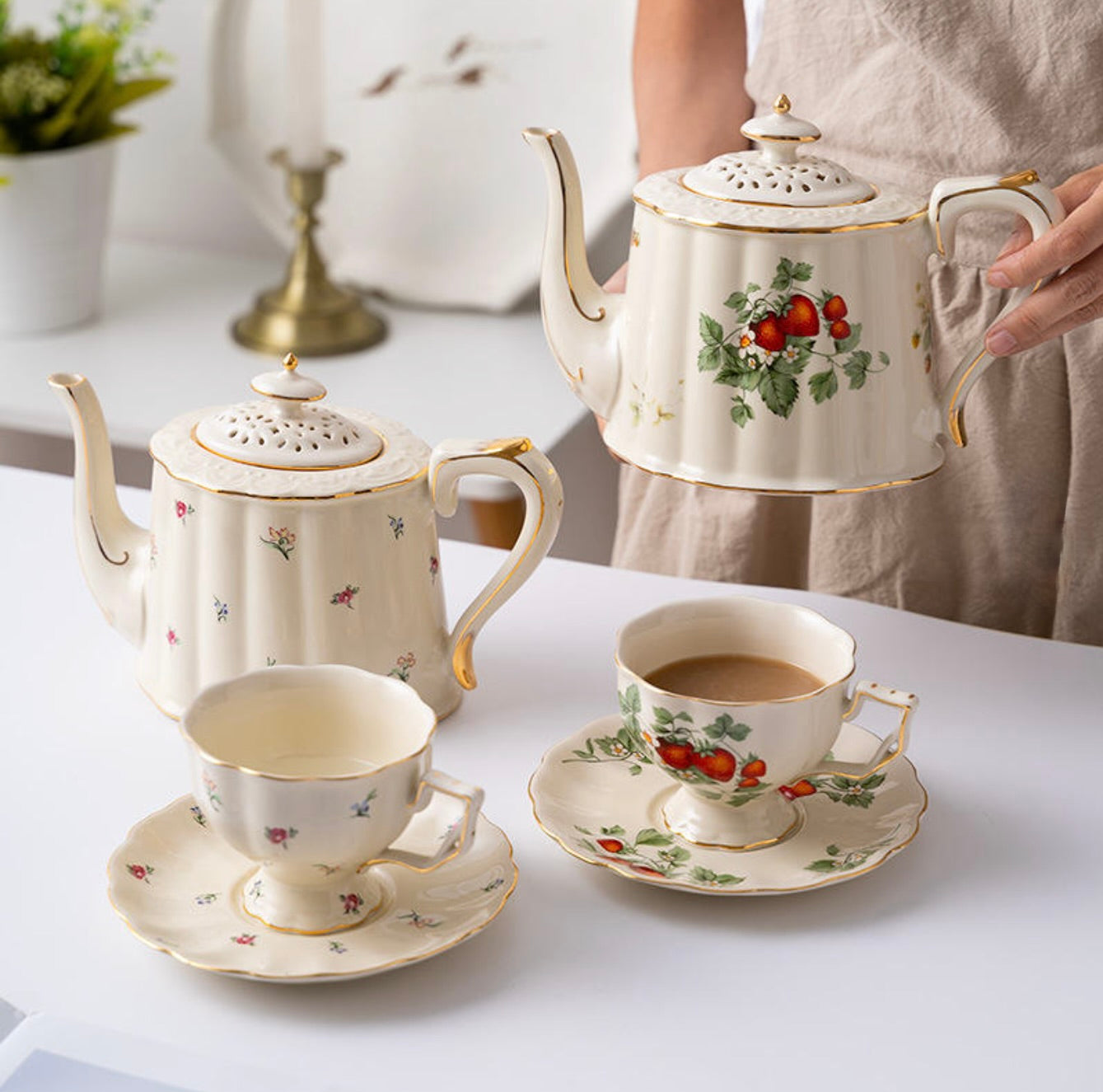 'Strawberry Blossom' Ceramic Cup & Saucer, Set Of 2