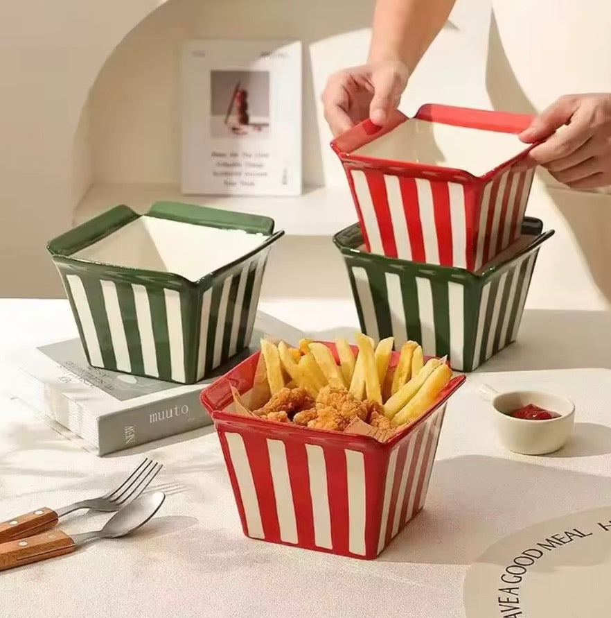 Red Striped Ceramic Popcorn Bowl, 400ml