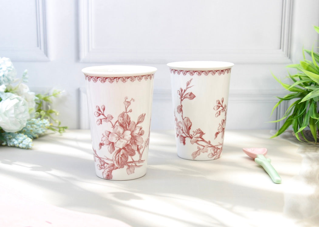 'Crimson Bloom' Porcelain Tumbler | Cup | Red | Set of 2