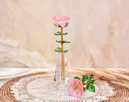 'Primrose' Crystal Rose w Vase - Pink
