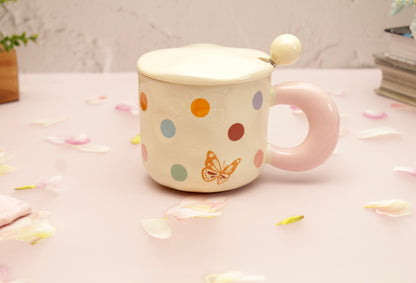 'Polka Dots' Ceramic Coffee Mugs - Beige