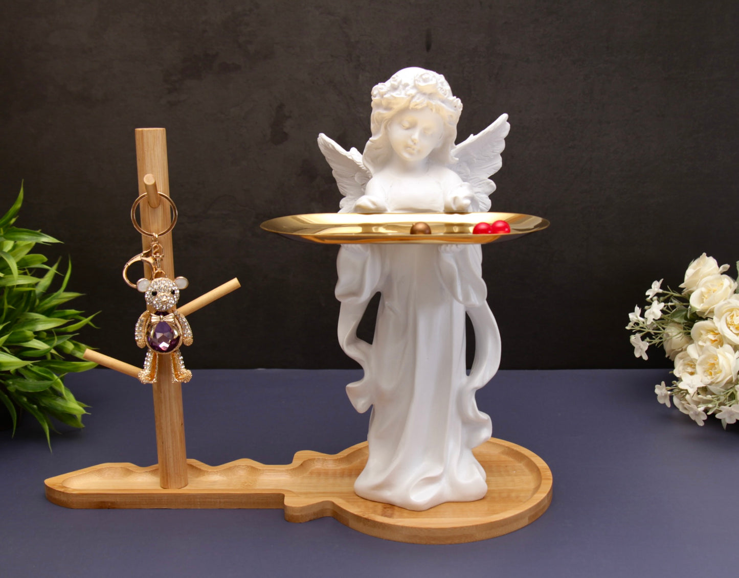 'Aurora' Key Holder Angel Figurine w Wooden Stand n Tray