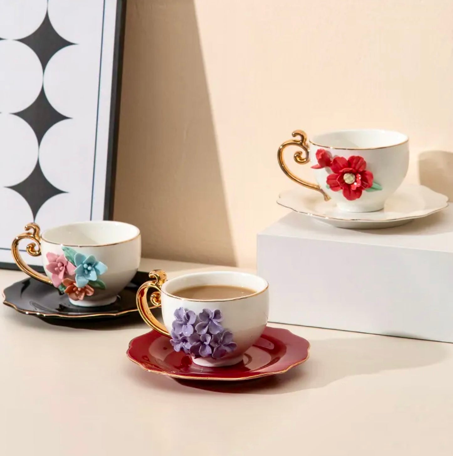 'Amaryllis' Ceramic Espresso Cup n Saucer Set, Small