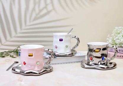 'Crystal' Ceramic Bejewelled Cup n Saucer Set - White