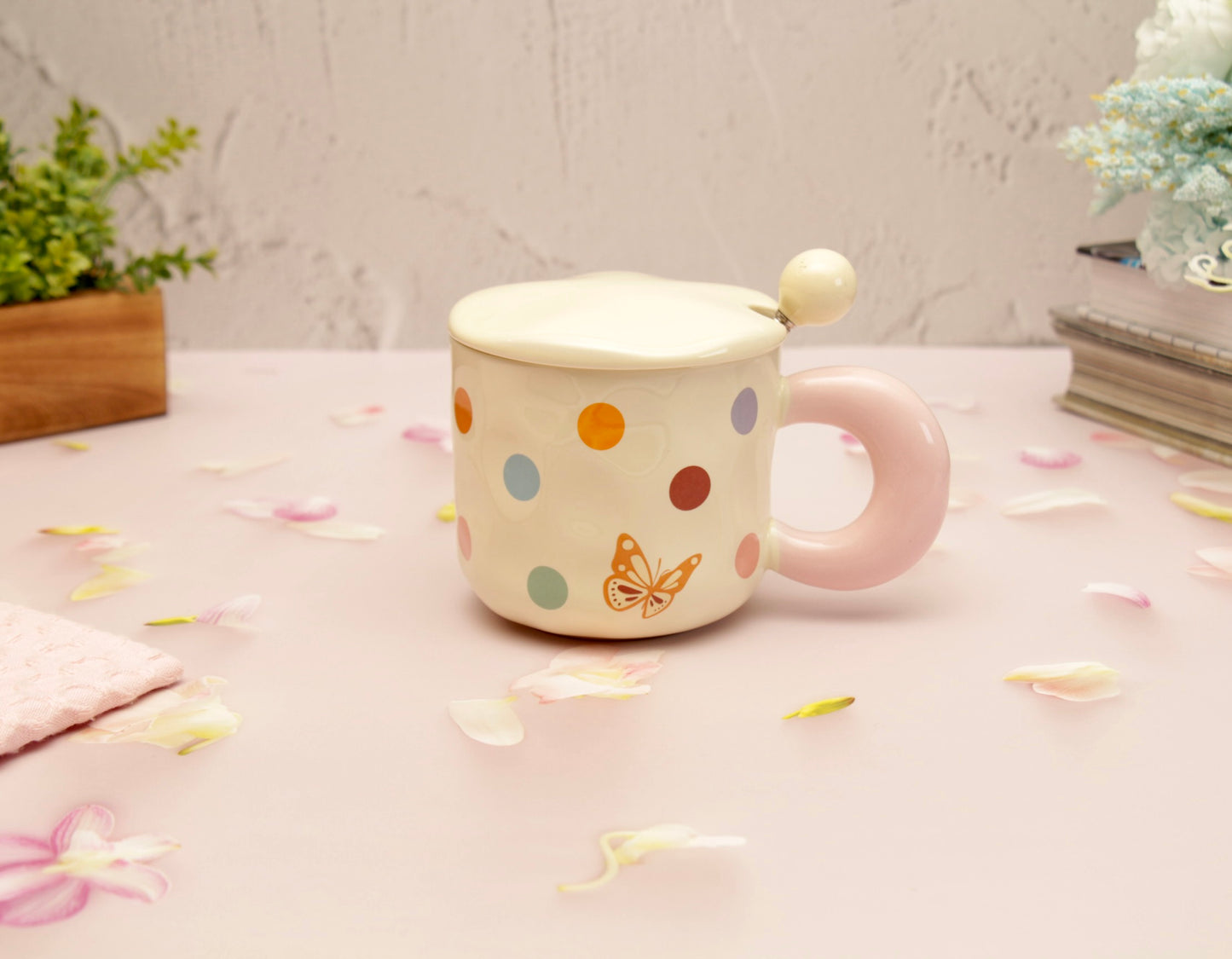 'Polka Dots' Ceramic Coffee Mugs - Beige