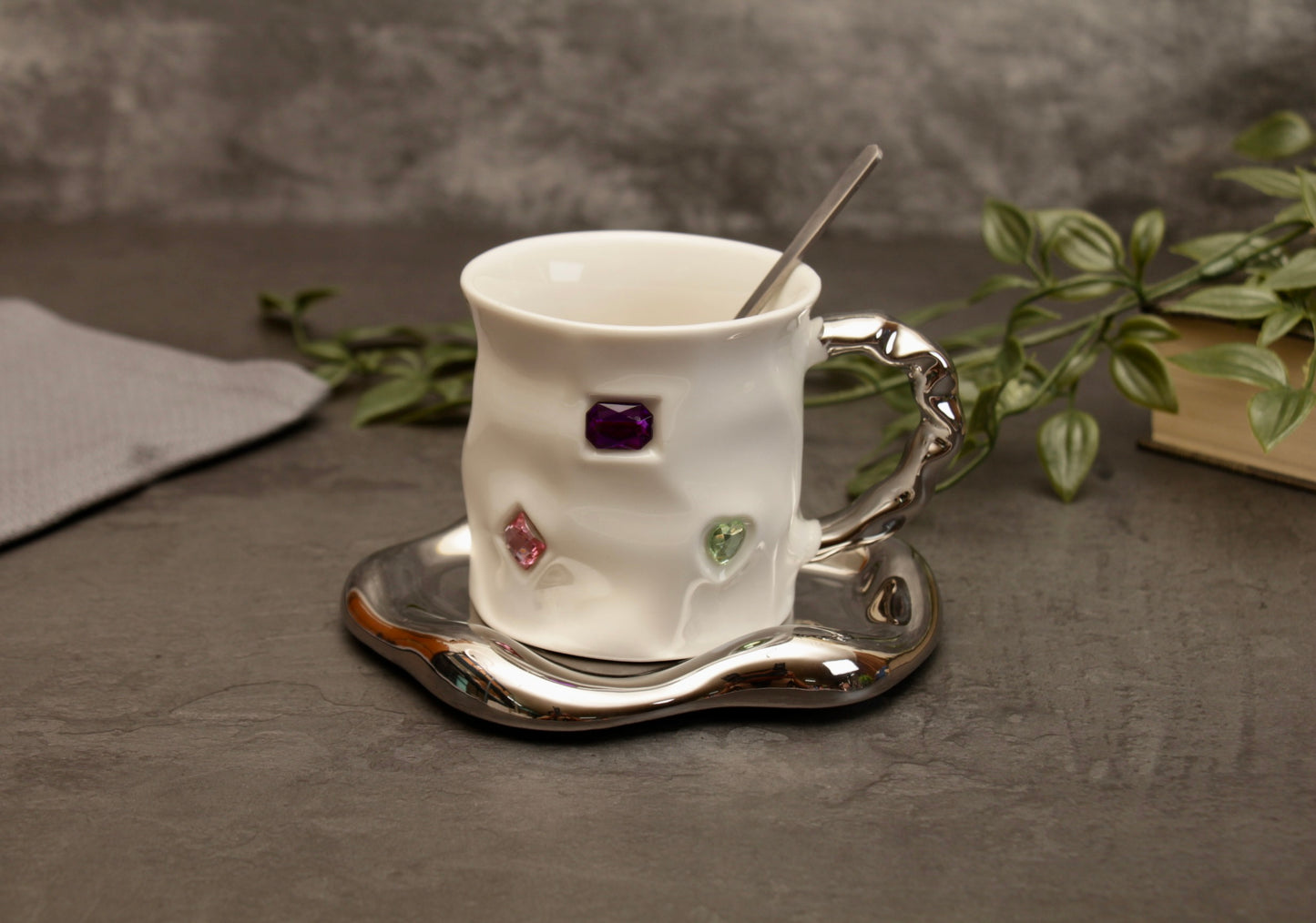 'Crystal' Ceramic Bejewelled Cup n Saucer Set - White