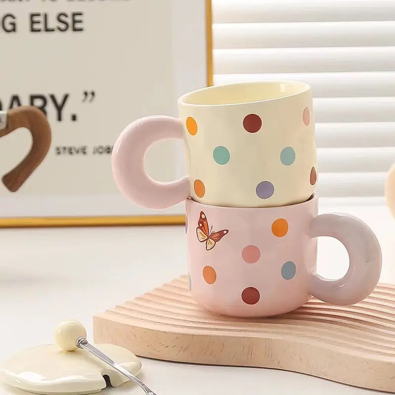 'Polka Dots' Ceramic Coffee Mugs - Beige