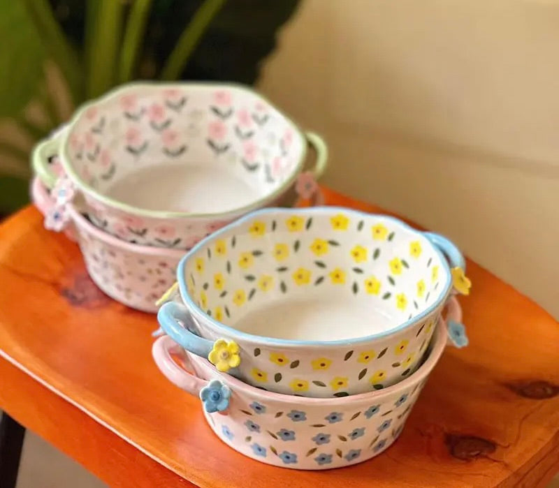 'Periwinkle' Ceramic Bowls - Green/Pink