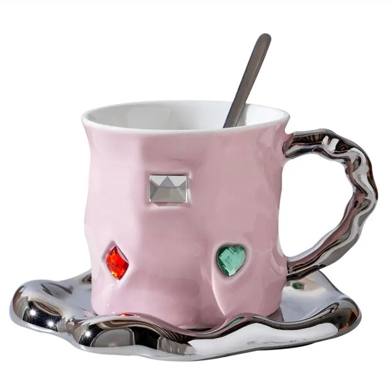 'Crystal' Ceramic Bejewelled Cup n saucer Set - Pink