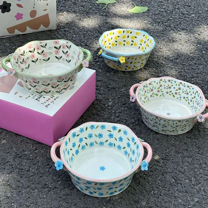 'Periwinkle' Ceramic Bowls - Green/Pink