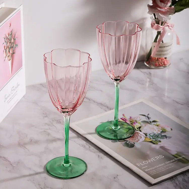 'Cherry Blossom' Pink n Green Champagne Glasses - Set of 2