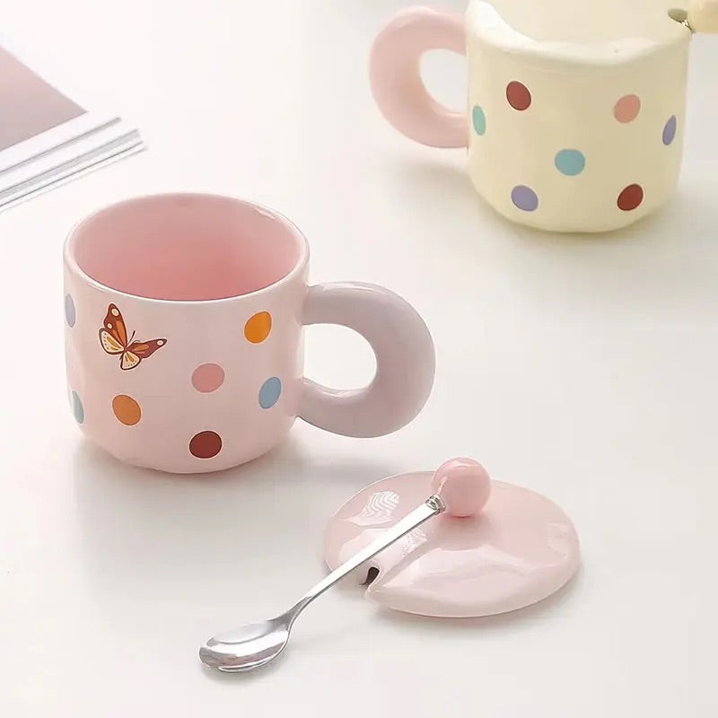 'Polka Dots' Ceramic Coffee Mugs - Pink