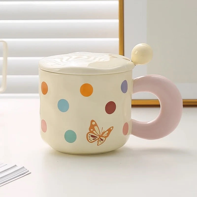 'Polka Dots' Ceramic Coffee Mugs - Beige