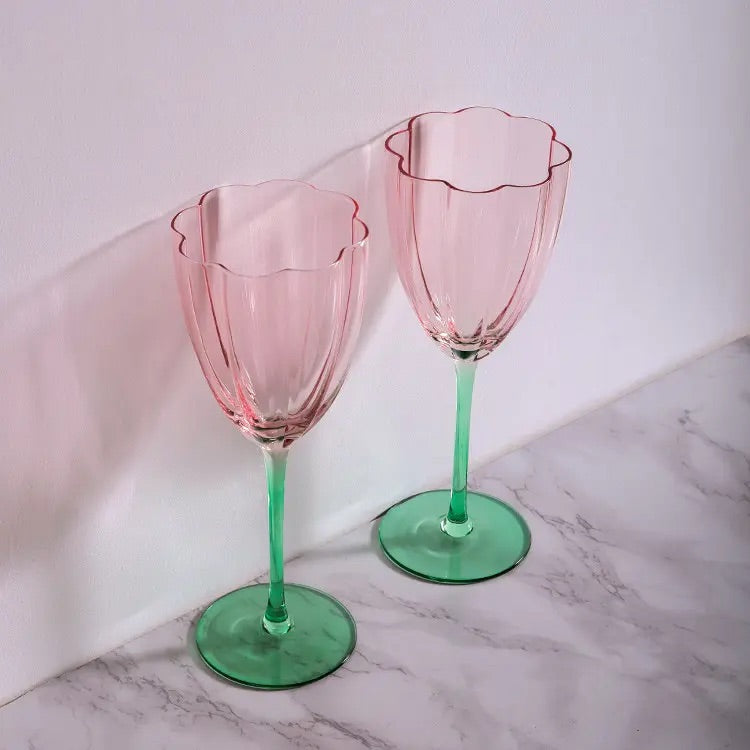 'Cherry Blossom' Pink n Green Champagne Glasses - Set of 2