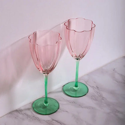 'Cherry Blossom' Pink n Green Champagne Glasses - Set of 2