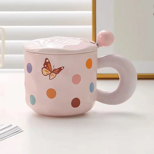 'Polka Dots' Ceramic Coffee Mugs - Pink