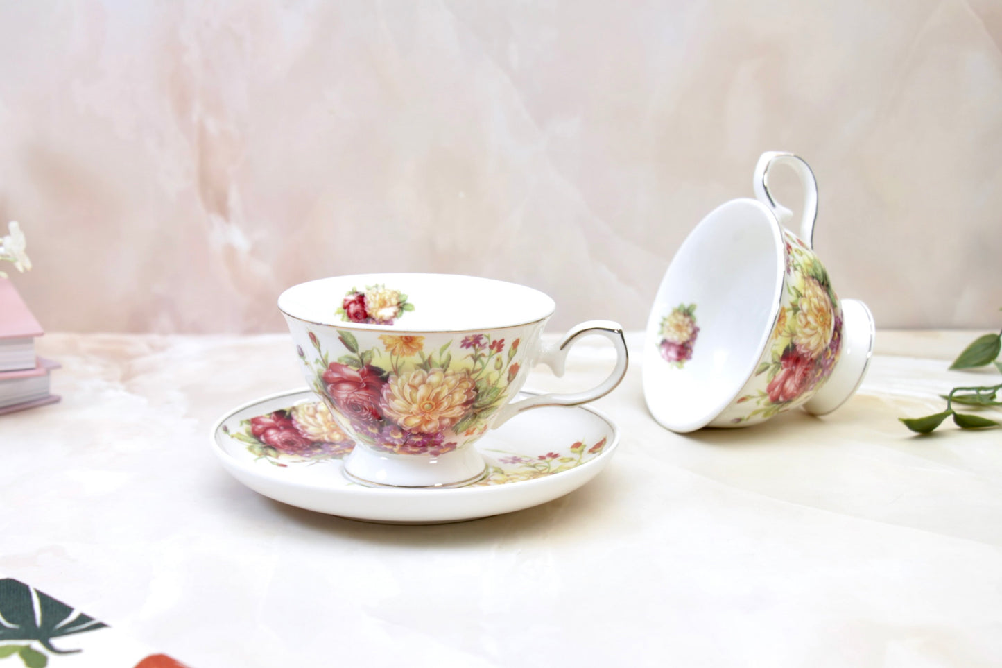 'Wild Roses' Porcelain Cup & Saucer | Gold Rim | Set of 2