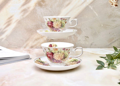 'Wild Roses' Porcelain Cup & Saucer | Gold Rim | Set of 2