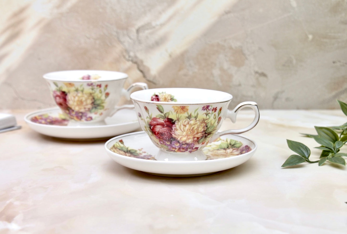'Wild Roses' Porcelain Cup & Saucer | Gold Rim | Set of 2
