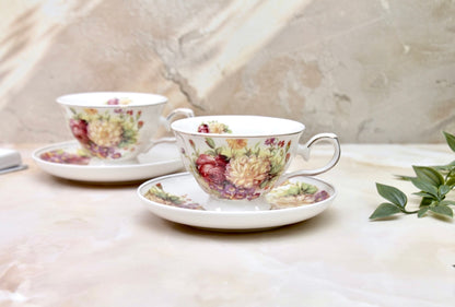 'Wild Roses' Porcelain Cup & Saucer | Gold Rim | Set of 2