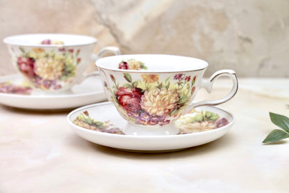'Wild Roses' Porcelain Cup & Saucer | Gold Rim | Set of 2