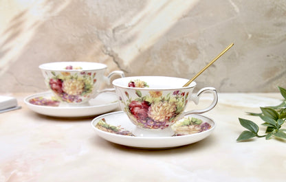 'Wild Roses' Porcelain Cup & Saucer | Gold Rim | Set of 2