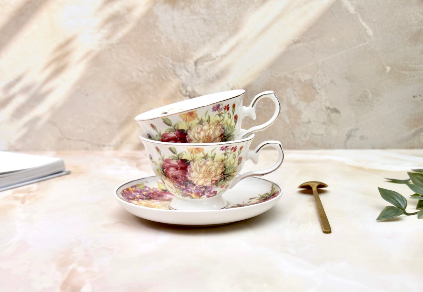 'Wild Roses' Porcelain Cup & Saucer | Gold Rim | Set of 2