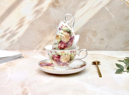 'Wild Roses' Porcelain Cup & Saucer | Gold Rim | Set of 2