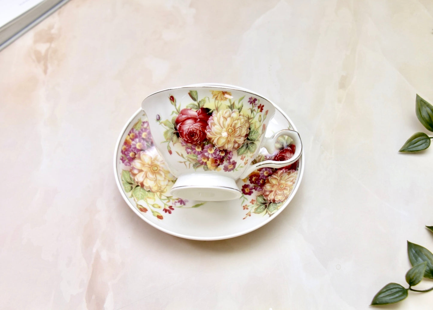 'Wild Roses' Porcelain Cup & Saucer | Gold Rim | Set of 2