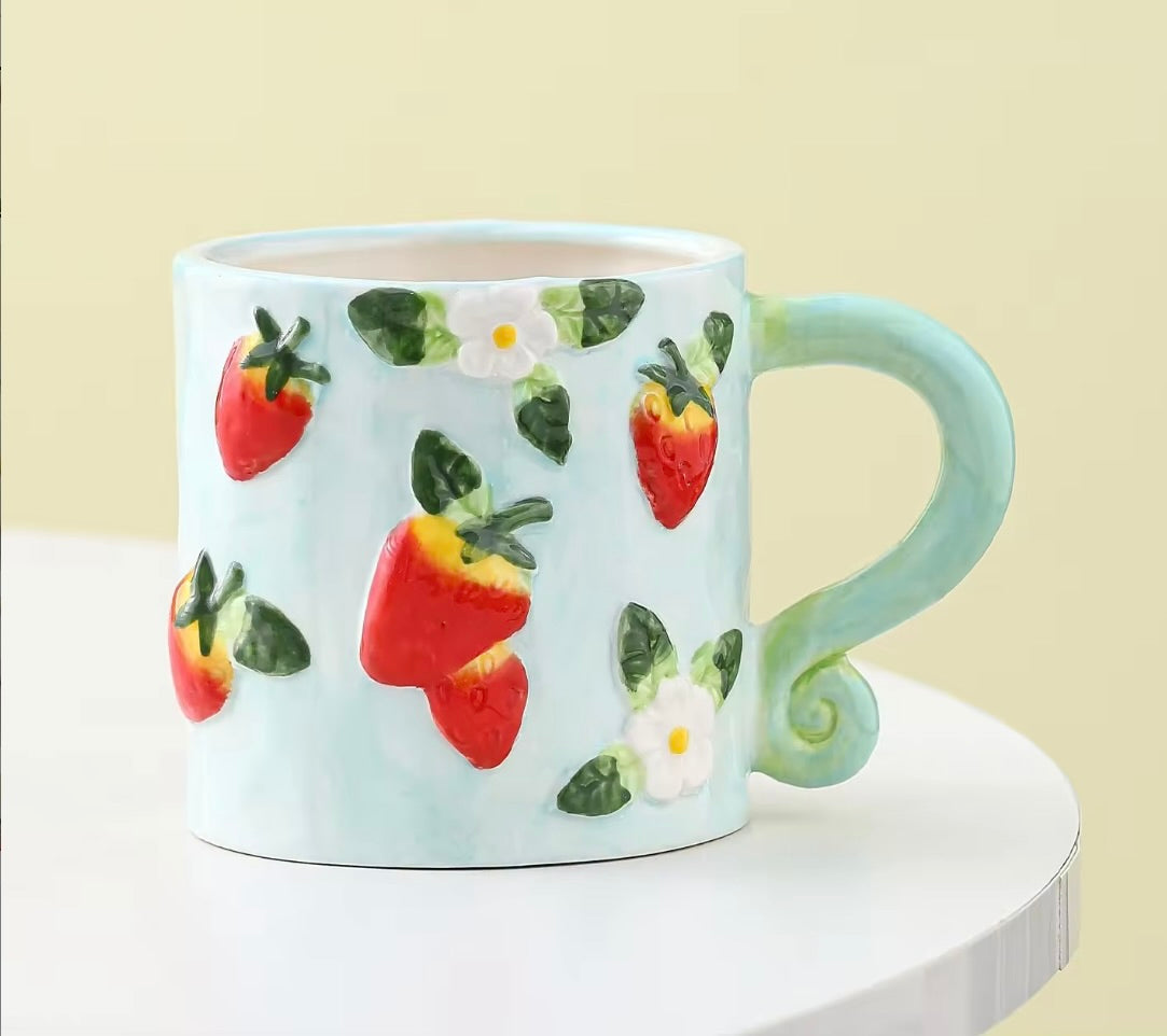'Strawberries' Ceramic Coffee Mug, Blue