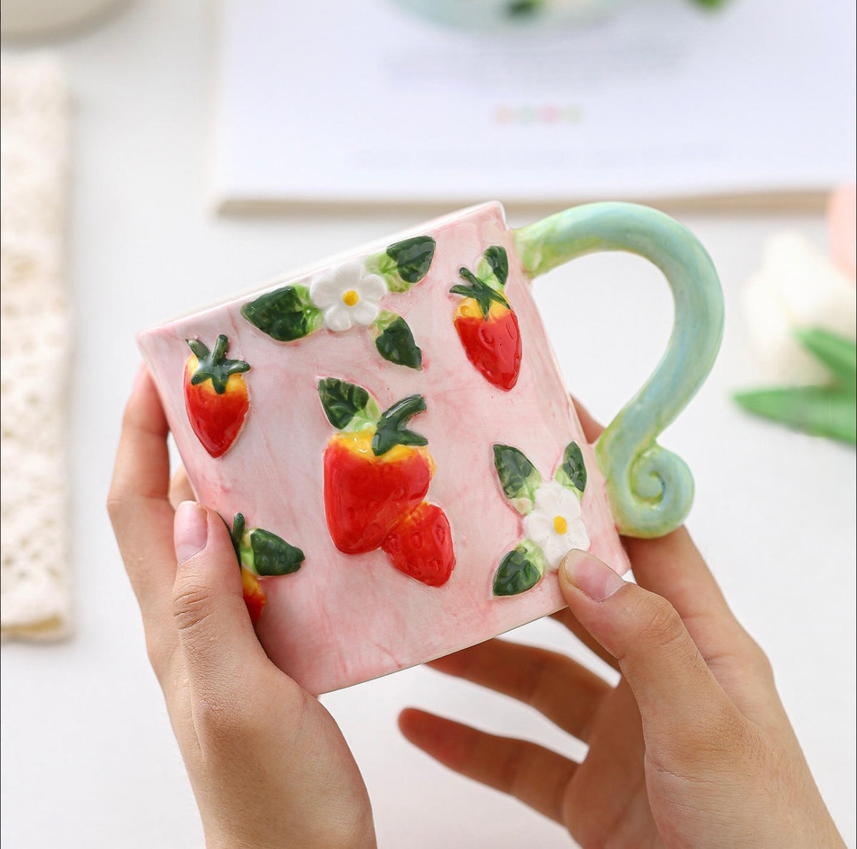 'Strawberries' Ceramic Coffee Mug, Pink