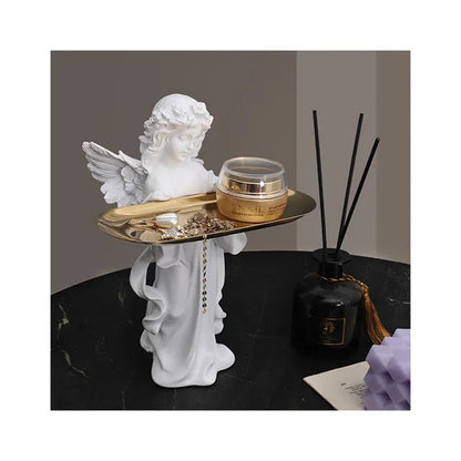 'Aurora' Key Holder Angel Figurine w Wooden Stand n Tray