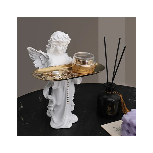 Angel Figurine Key Holder w Wooden Stand n Tray