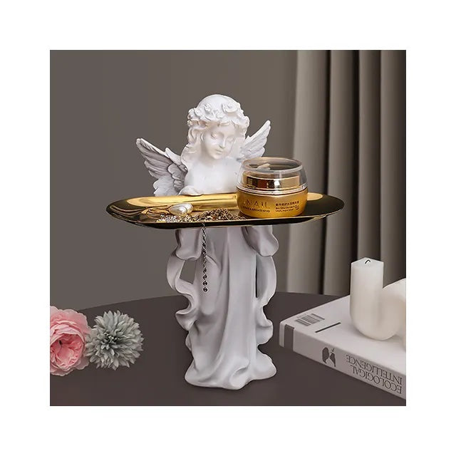 'Aurora' Key Holder Angel Figurine w Wooden Stand n Tray