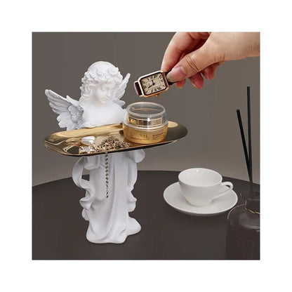 'Aurora' Key Holder Angel Figurine w Wooden Stand n Tray