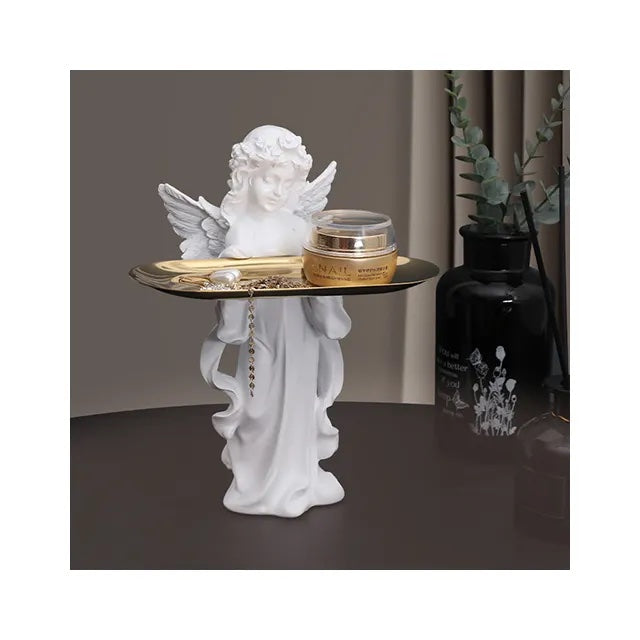 'Aurora' Key Holder Angel Figurine w Wooden Stand n Tray