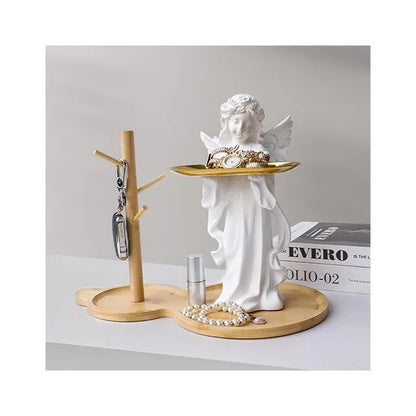 'Aurora' Key Holder Angel Figurine w Wooden Stand n Tray