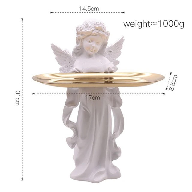 'Aurora' Key Holder Angel Figurine w Wooden Stand n Tray