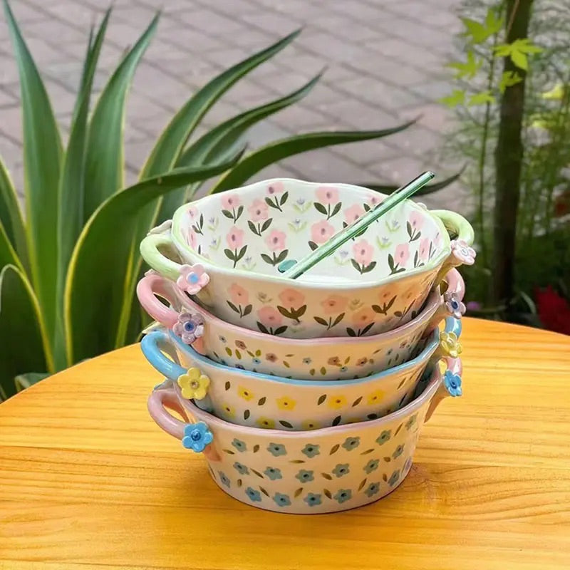 'Periwinkle' Ceramic Bowls - Green/Pink