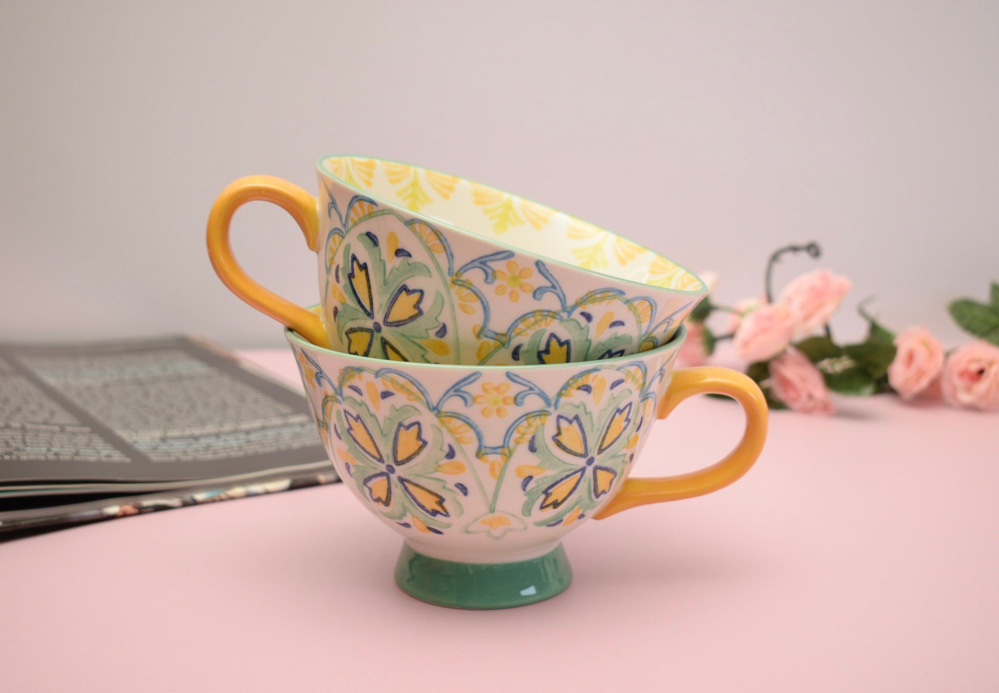 'Boho' Ceramic Big Coffee Mug Yellow & Green - Peppylittlethings.com