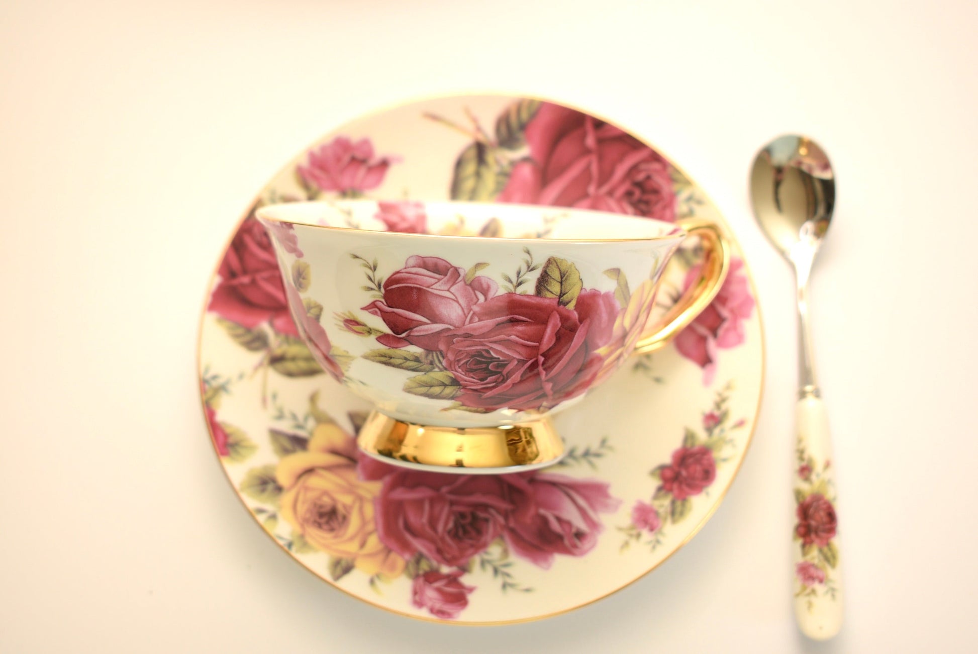 Victorian Pink Rose Teacup, Saucer & Dessert Plate In Decorative